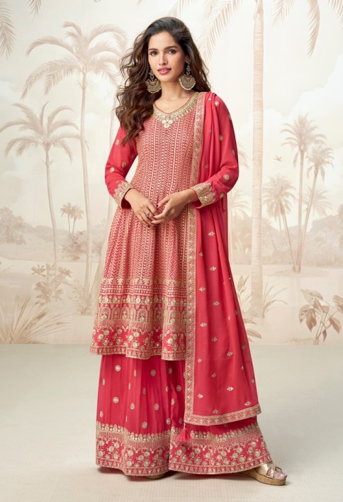 Pink Georgette Embroidered and Zari Work Readymade Style